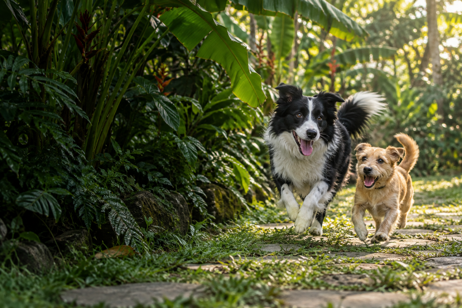 Dos perros corriendo por un sendero verde rodeado de plantas tropicales